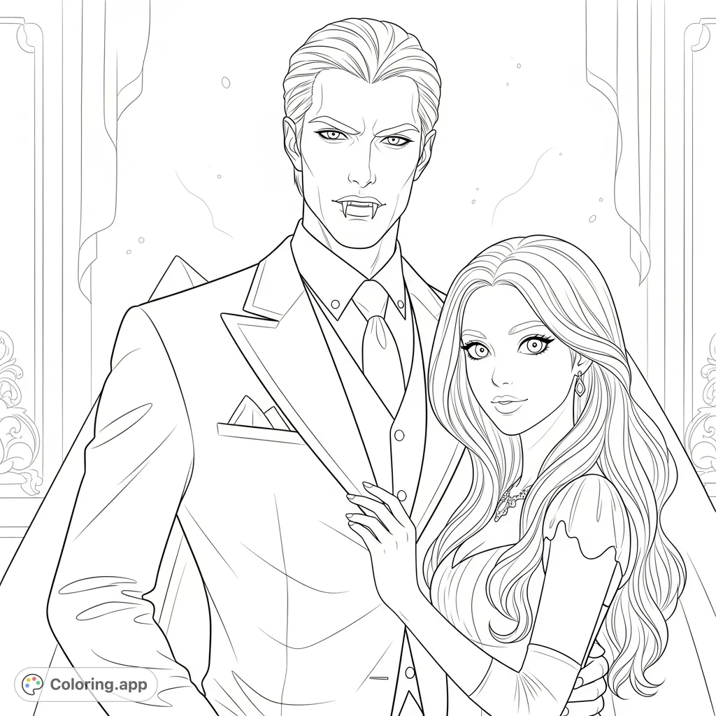 A striking vampire man in a tailored suit alongside a captivating girl, featuring fangs and an intense gaze. An elegant scene for coloring.