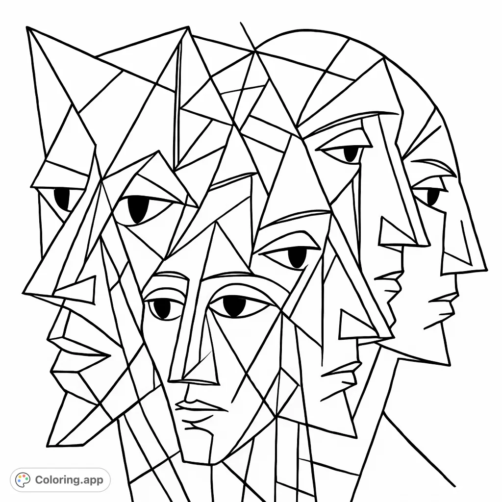 Explore an intricate cubist composition featuring multiple interlocked faces formed by geometric shapes. A unique artistic challenge awaits!