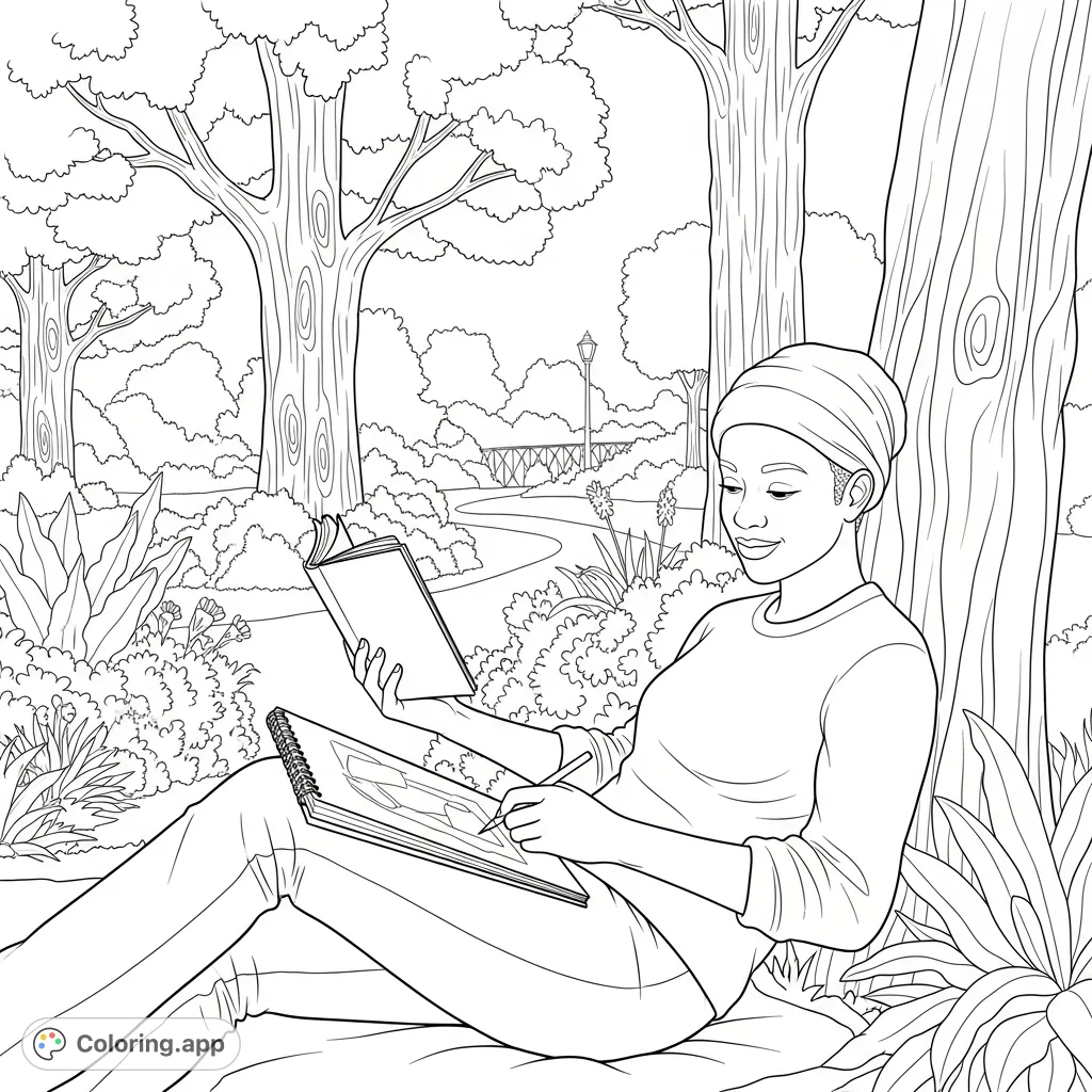 An African American individual relaxes in a peaceful park, drawing in a sketchbook while reading a book. A serene scene for calm coloring.