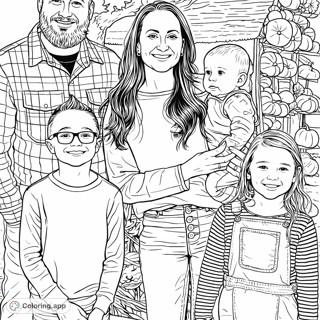 Capture a heartwarming family portrait amidst an autumn harvest display. This intricate coloring page features five smiling figures and a background of pumpkins.