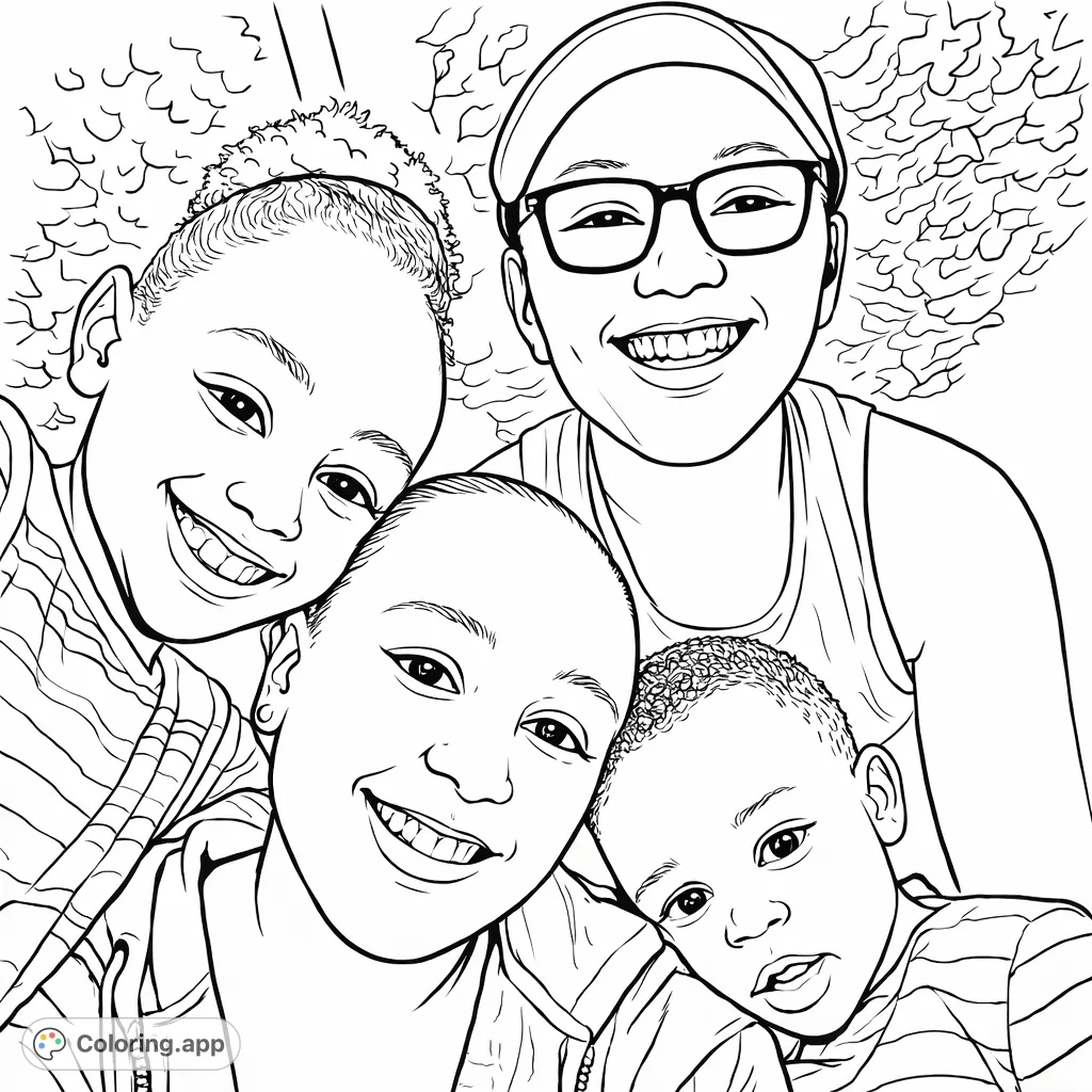 A heartwarming family portrait coloring page featuring a mother and her three children, all smiling together. A free printable family bonding coloring page for kids and adults.
