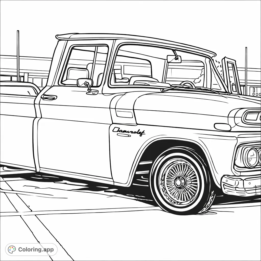 Color a classic two-toned pickup truck with intricate wire wheels and shining chrome, parked on an urban street.