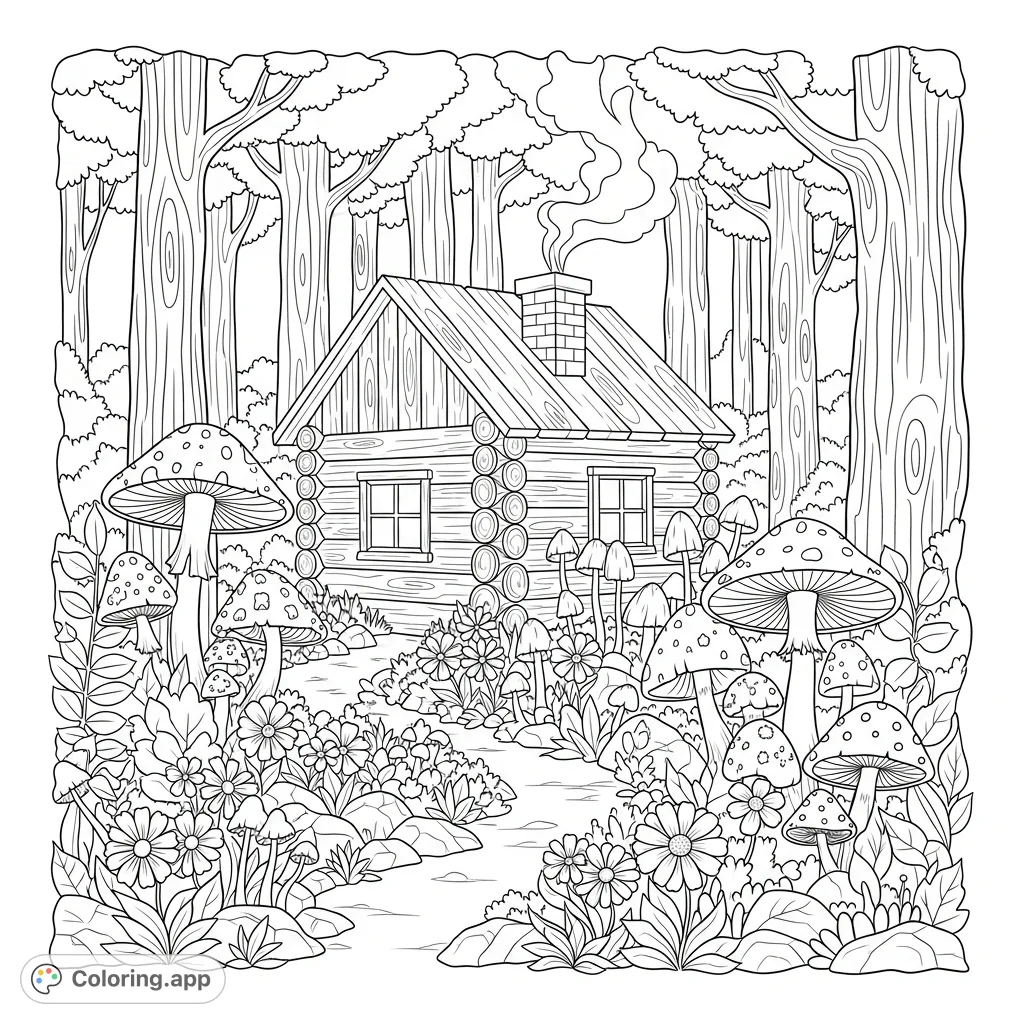 Discover a charming cabin nestled deep in a serene woodland, surrounded by whimsical mushrooms and delicate flowers. A tranquil nature scene awaits your creative touch.