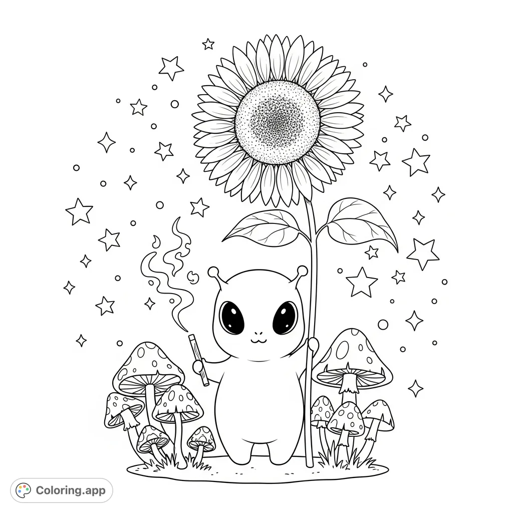A charming coloring page featuring a tiny alien with big eyes holding a giant sunflower, surrounded by whimsical mushrooms, sparkles, and stars for a cozy cosmic vibe.