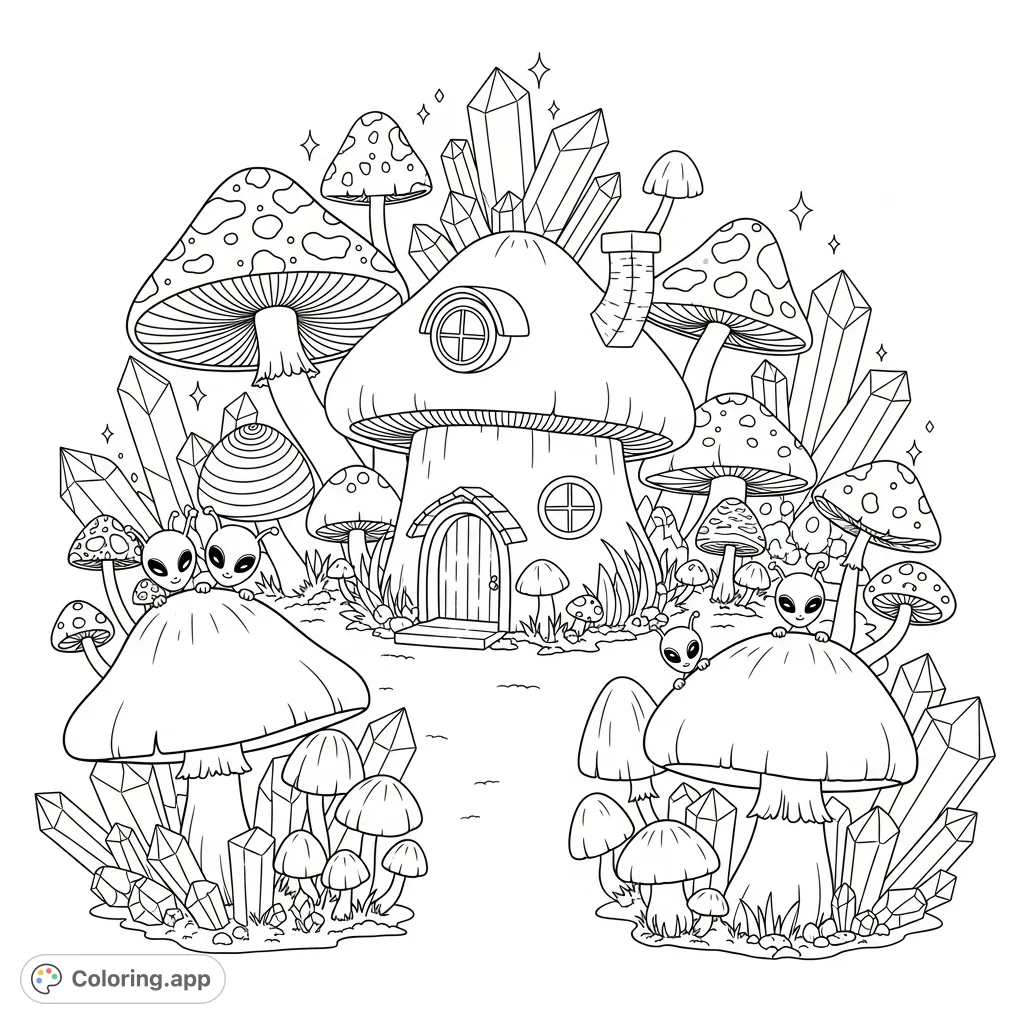 Explore a trippy magical garden with a charming mushroom house, unique mushrooms, sparkling crystals, and friendly aliens. An enchanting free printable coloring page.