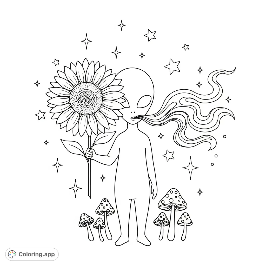 A cute, minimalist alien smoking and holding a sunflower, surrounded by whimsical mushrooms, stars, and sparkles. A charming and unique design.