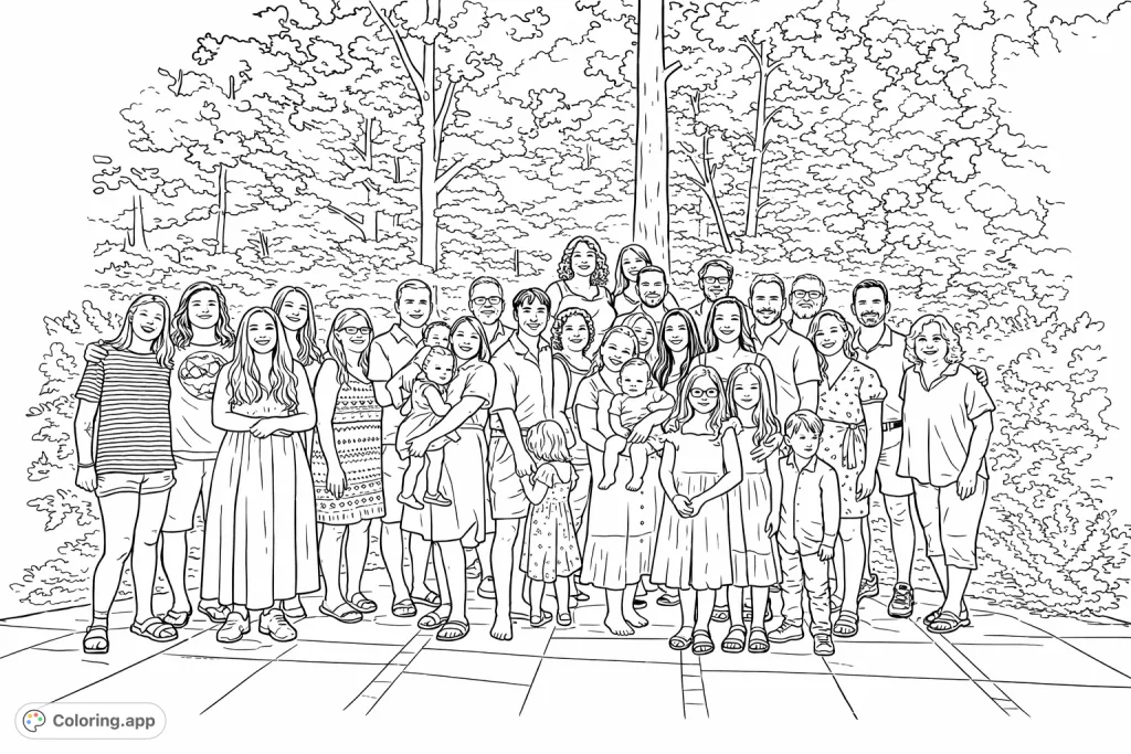 Capture the warmth of a large multi-generational family gathering outdoors. A detailed scene perfect for personalizing with your favorite colors.