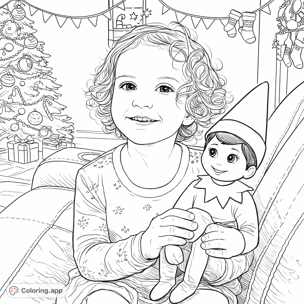 A delightful holiday scene featuring a smiling child holding a traditional elf on the shelf, surrounded by festive background patterns. Perfect for joyful coloring!