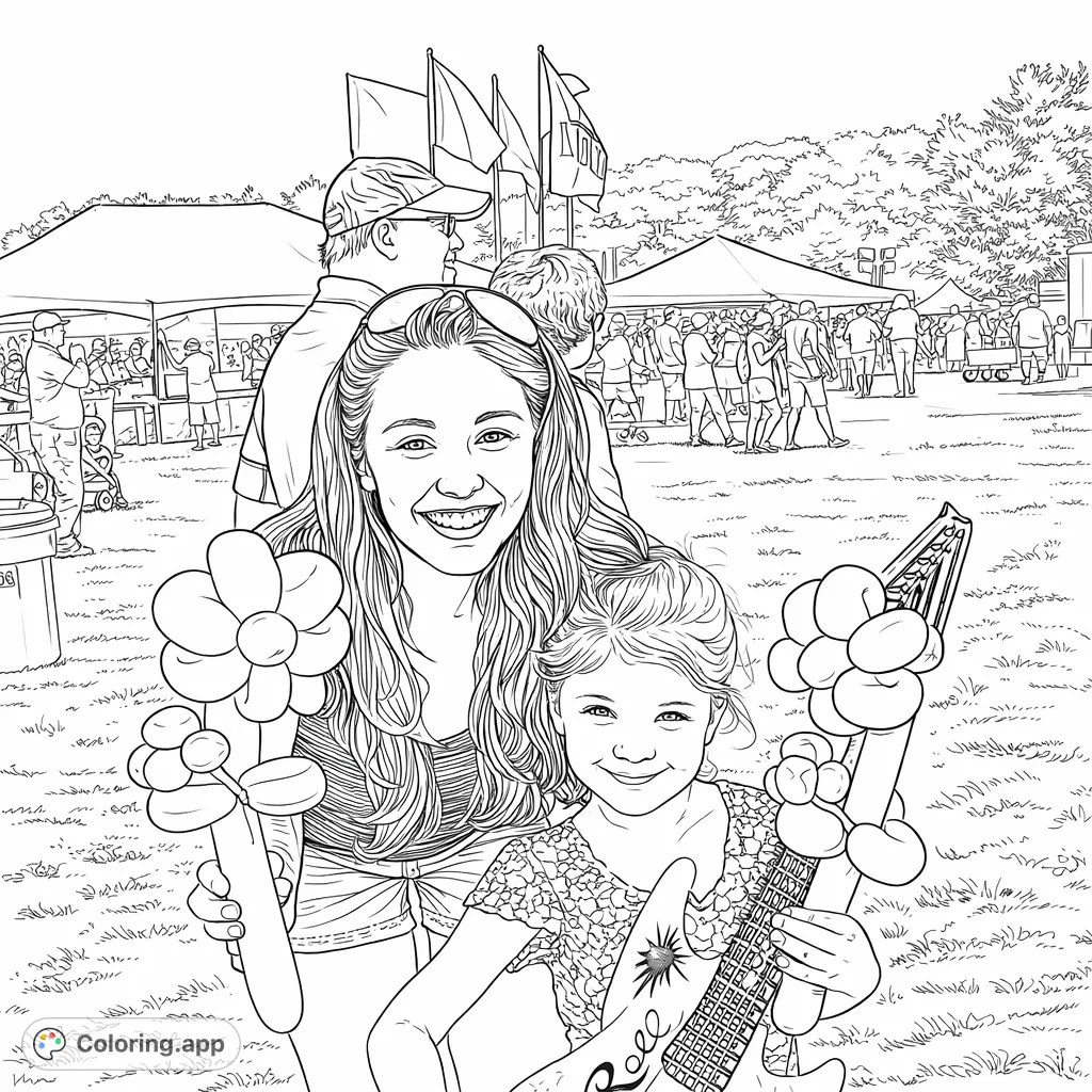 Two smiling friends enjoy an outdoor festival, holding playful balloon art and an inflatable guitar. A vibrant scene for creative coloring fun.
