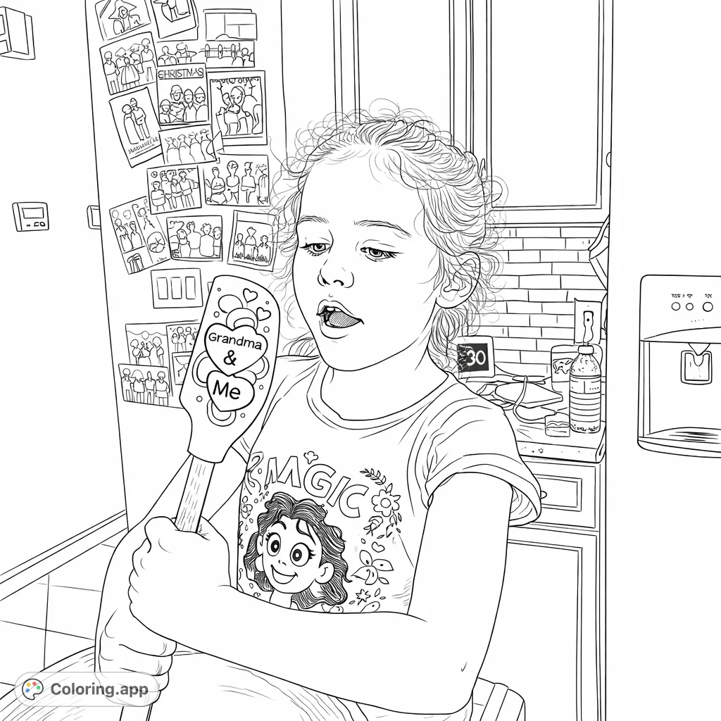 A joyful child holds a "Grandma & Me" spatula, eagerly mixing in a kitchen, surrounded by family memories and kitchen details.