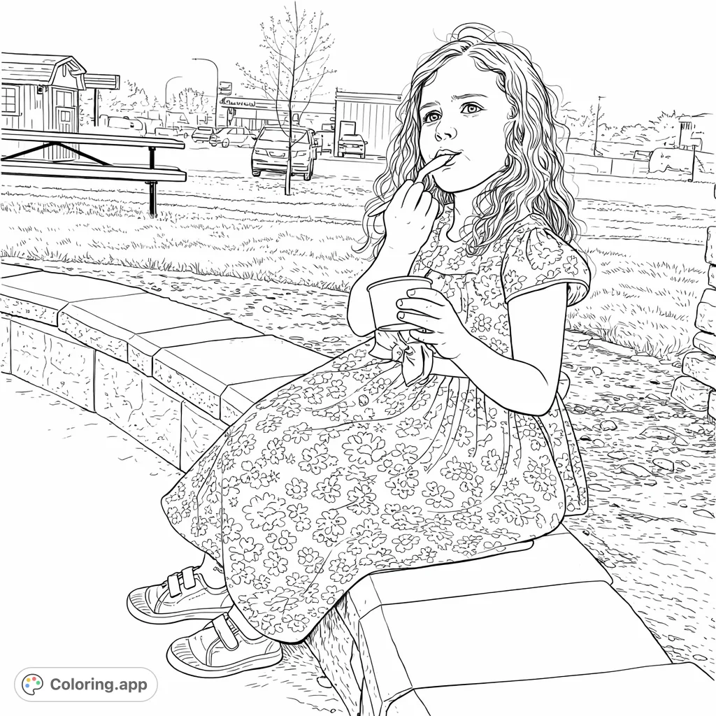 A delightful scene featuring a child enjoying a sweet treat while sitting on a stone wall, with a town backdrop. Perfect for a fun coloring session.