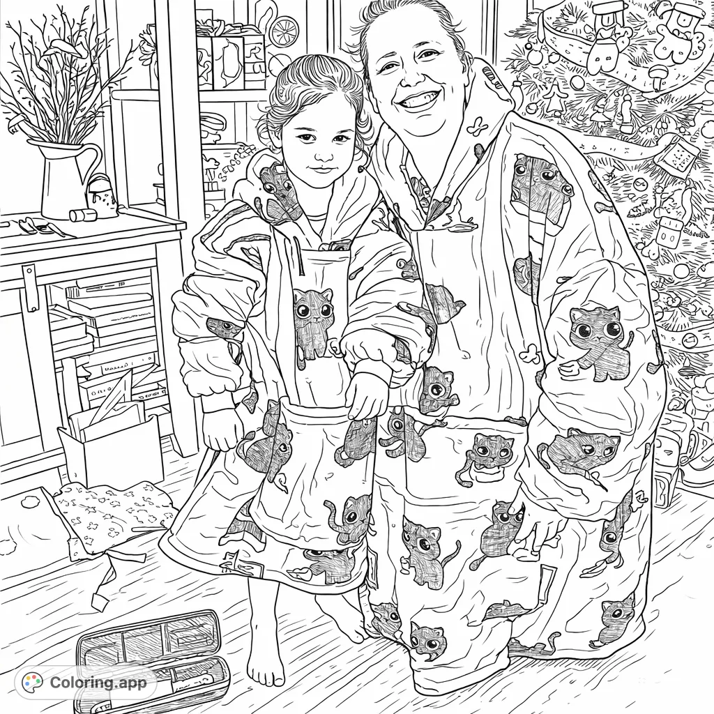 A heartwarming coloring page featuring an adult and child in matching oversized cat-patterned blankets. Perfect for a cozy creative session.