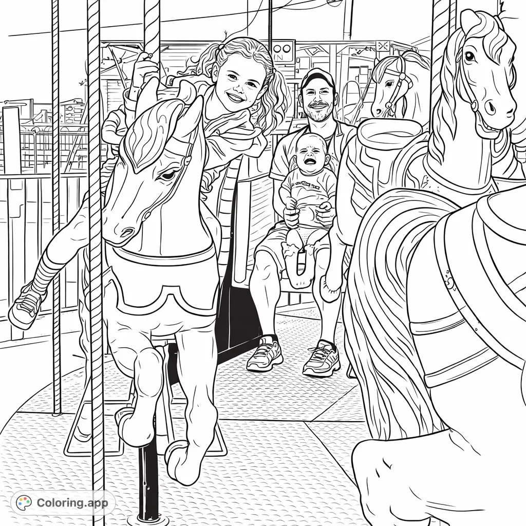 Capture a joyful family moment on a carousel, featuring a smiling girl on a horse, a man holding a baby, and vibrant amusement park details. Perfect for coloring.