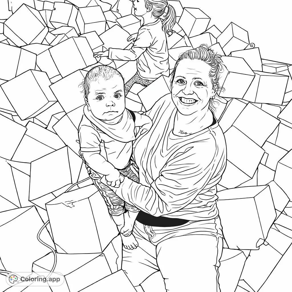 Capture a heartwarming family moment in a foam pit! A smiling woman holds a curious baby, with another child playing in the background. Perfect for joyful coloring.