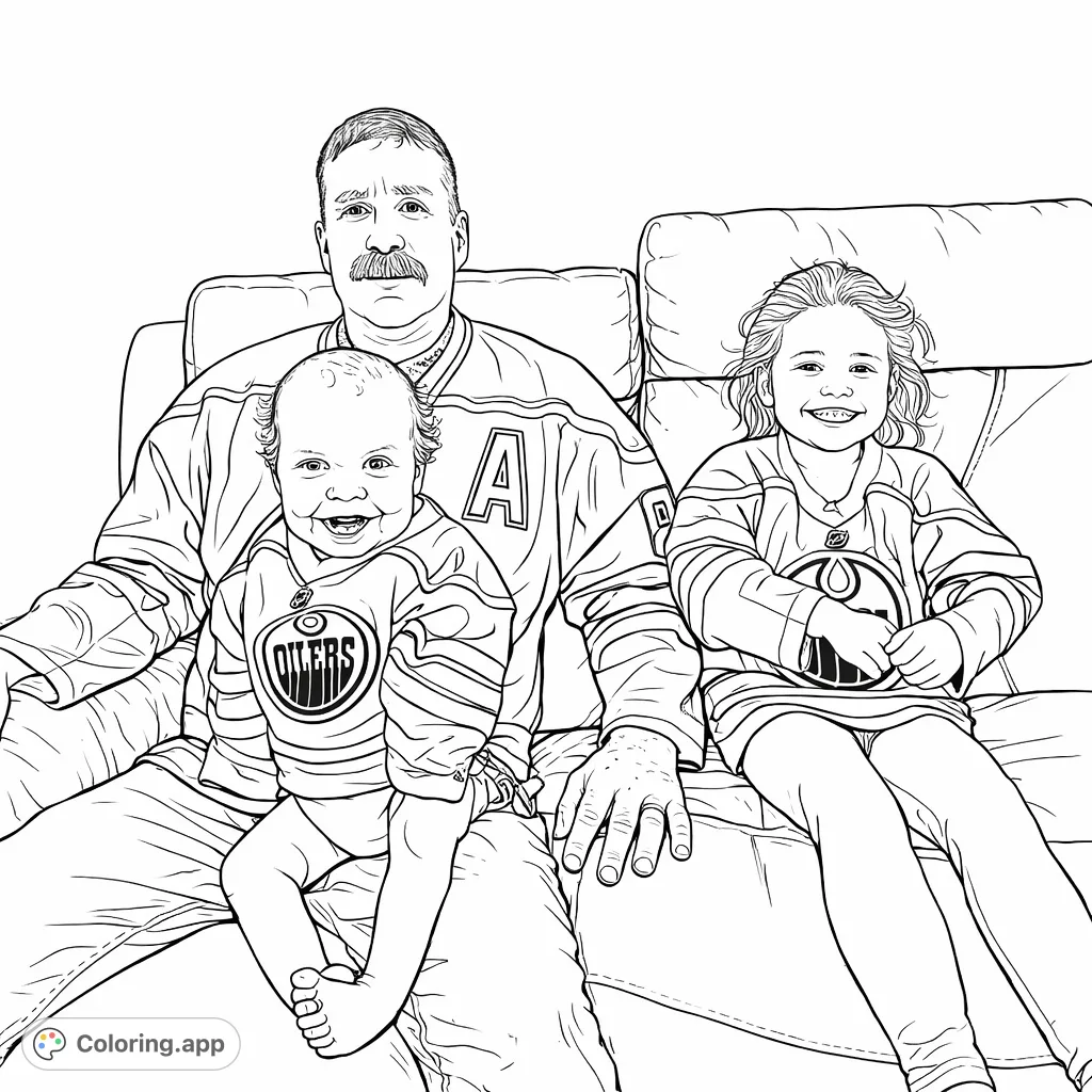 A heartwarming family scene featuring a father, baby, and daughter, all proudly wearing hockey jerseys. A perfect tribute to family and sports enthusiasm.