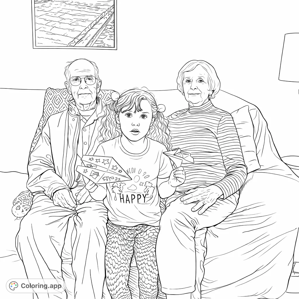 Capture the warmth of family with this intergenerational portrait coloring page. A young girl with her grandparents on a sofa, ready for your creative touch.
