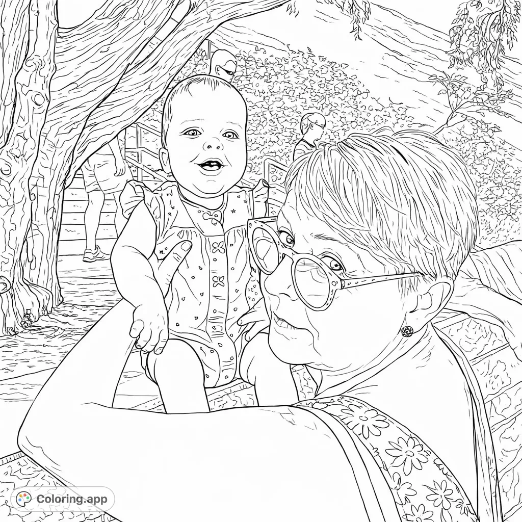 Capture a heartwarming outdoor scene featuring a joyful baby and a smiling adult. Intricate details in clothing patterns and natural textures await your creative touch.