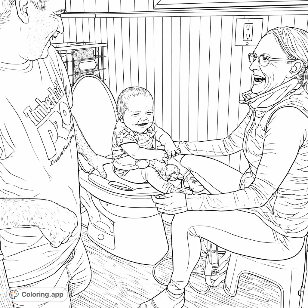 Capture a heartwarming potty training milestone! A joyful baby with loving adults nearby makes learning fun. Perfect for celebrating a big step.