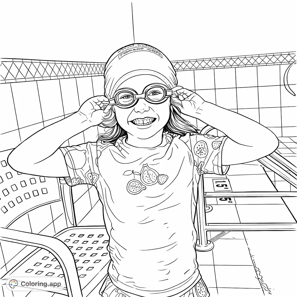 A cheerful girl in a swimming cap and goggles, ready for a swim. Features detailed swimwear and a poolside setting.
