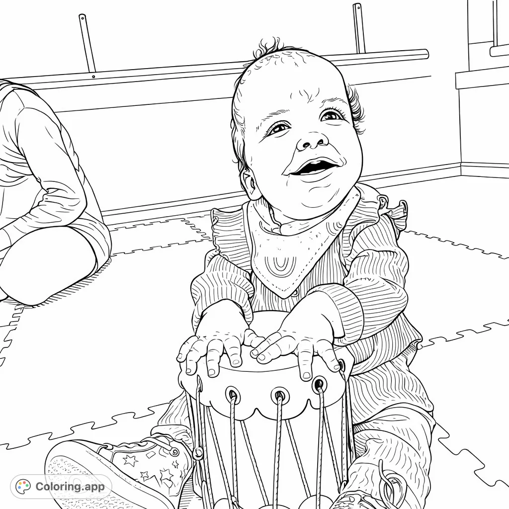 A delightful baby coloring page featuring a smiling infant with a drum on a playmat. Perfect for introducing rhythm and joy to young colorists.