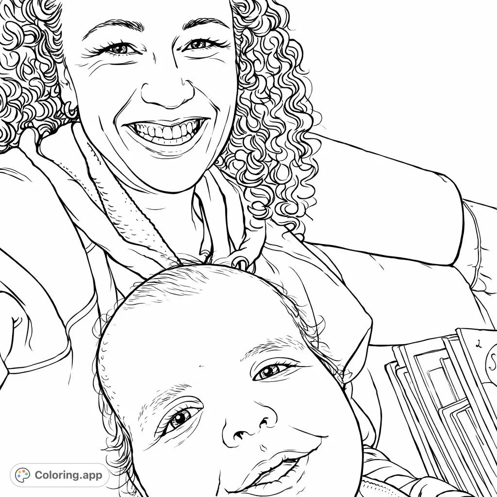 Capture a heartwarming moment of a smiling mother and her happy baby. This delightful scene on a cozy sofa includes a stack of books, perfect for coloring.