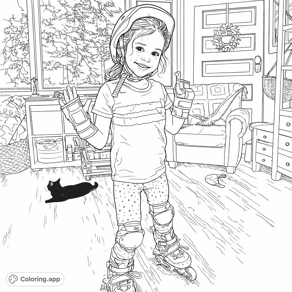 A joyful girl in full roller skating gear, including helmet, pads, and skates, smiles broadly indoors with her feline friend nearby. Perfect for active kids.