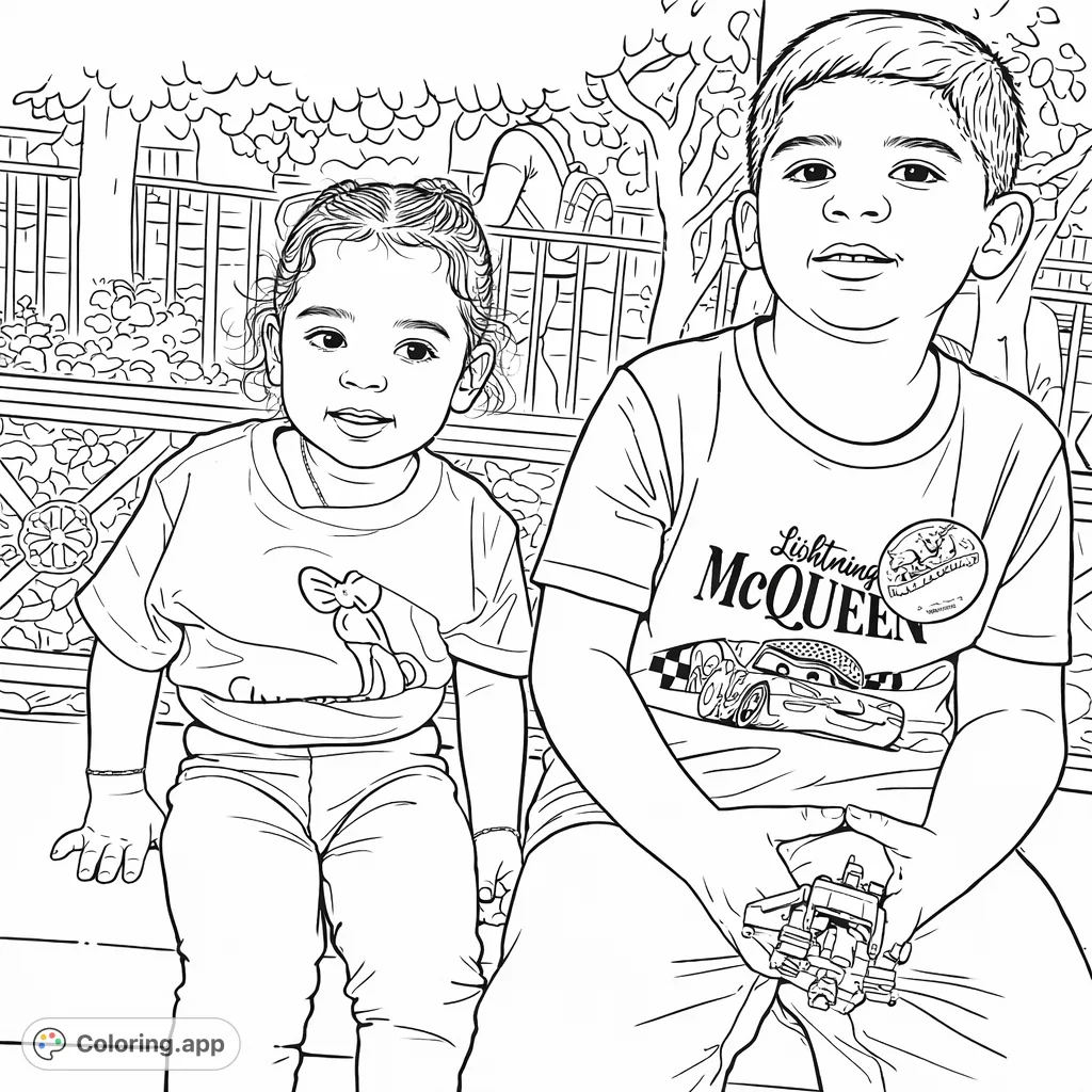 A sweet kids coloring page featuring two children, a girl and a boy, sitting together on a park bench. Enjoy coloring their outfits and toy in a lovely outdoor scene.