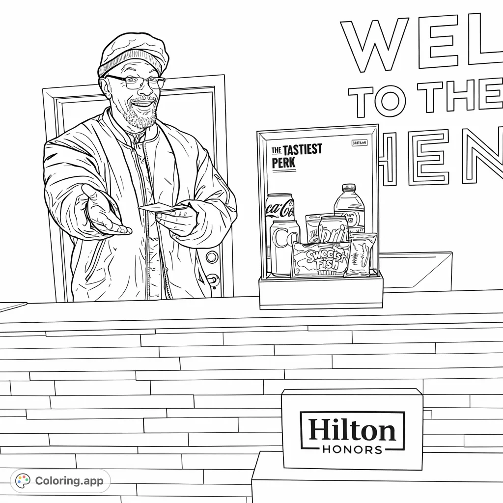 A welcoming hotel receptionist smiles, extending a hand from behind a desk with a display of snacks and beverages. A detailed scene for coloring enthusiasts.
