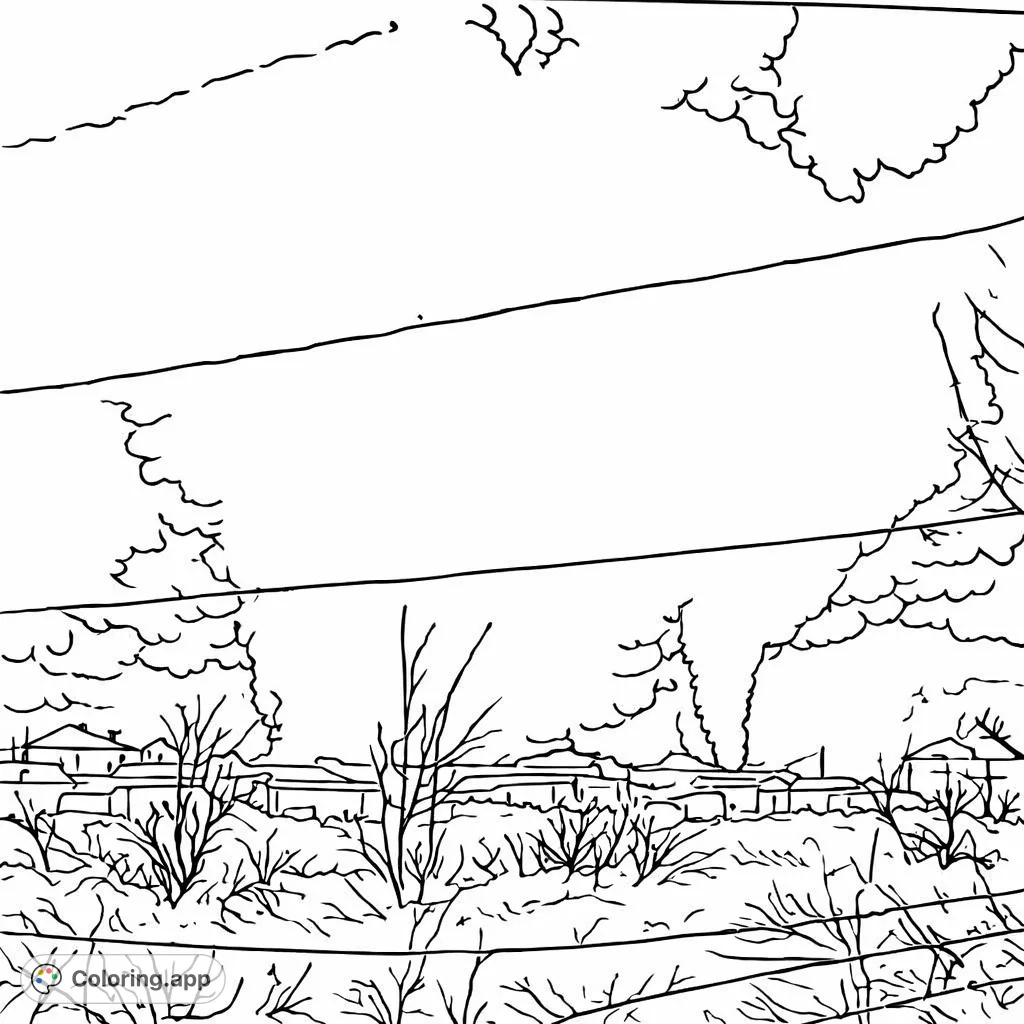 Experience the awe-inspiring power of a massive tornado swirling over a small town. This dramatic scene features detailed power lines, bare trees, and turbulent skies.