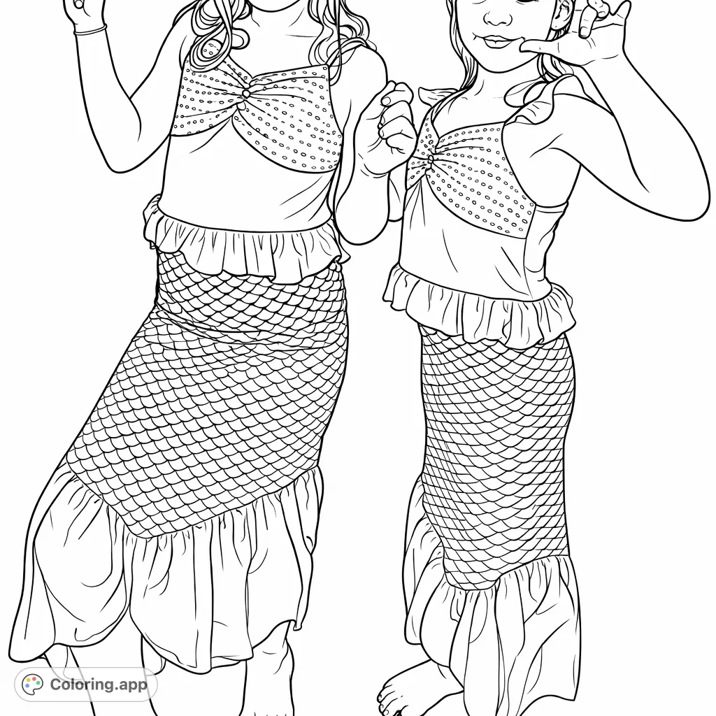 Two young figures in charming mermaid costumes, featuring textured tops and scale-patterned skirts with ruffled hems. A delightful scene for imaginative coloring.