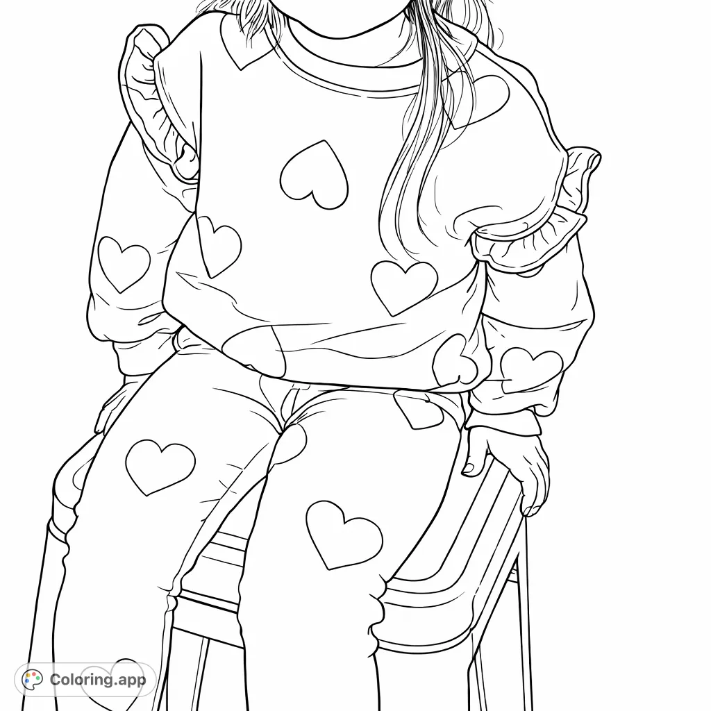 A charming coloring page featuring a child wearing a cute heart-patterned outfit, seated on a stool. Perfect for young artists to personalize with cheerful hues.