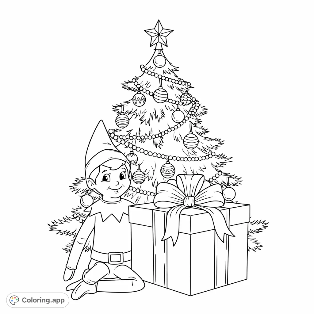 A delightful elf character sits beside a large, ribbon-tied gift box, with a beautifully decorated Christmas tree in the background, perfect for festive coloring fun!