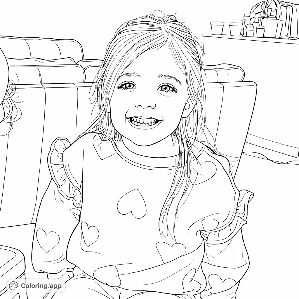 A delightful coloring page featuring a smiling young child wearing a cozy sweater adorned with heart shapes, perfect for creative expression and family fun.