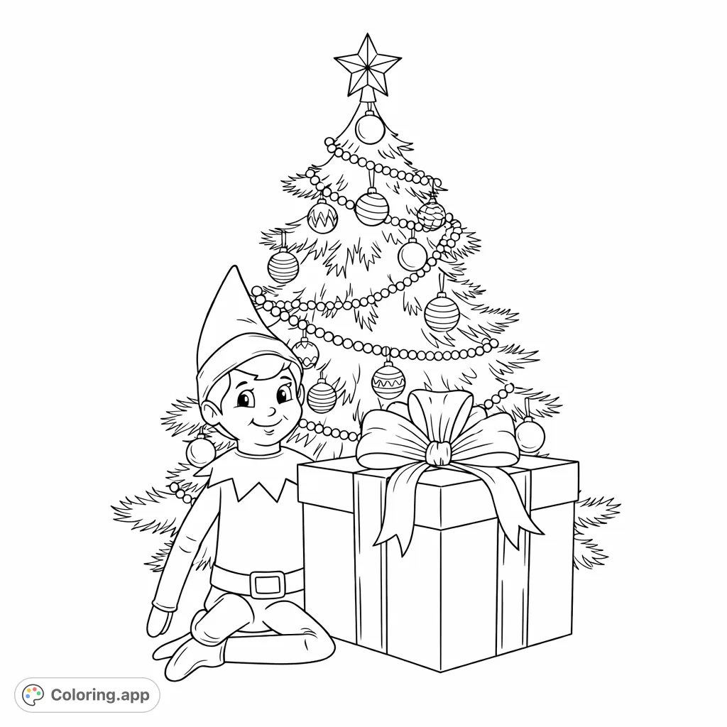A cheerful elf sits by a grand, decorated holiday tree with a large gift, ready to celebrate. Perfect for festive fun!