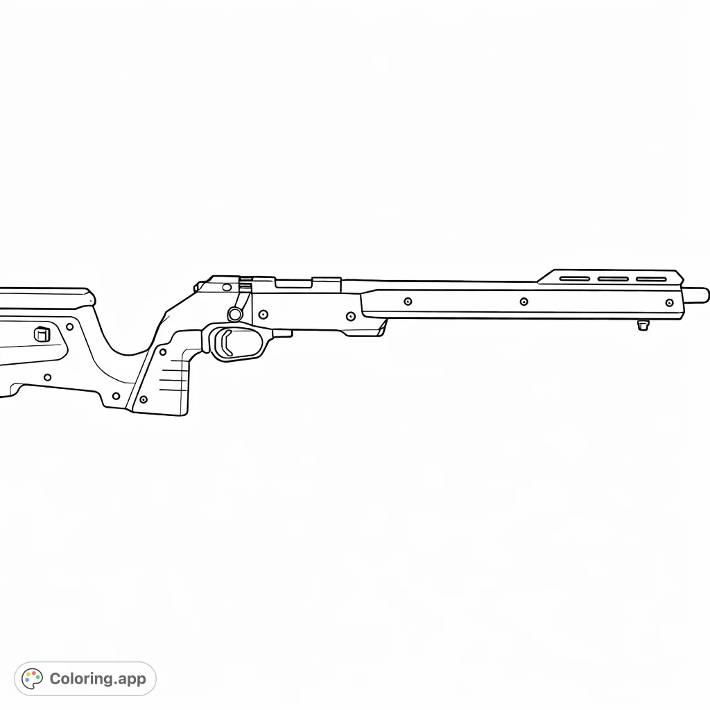 Color this detailed modern bolt-action rifle, featuring ergonomic design elements, intricate mechanical components, and a rich wooden background.
