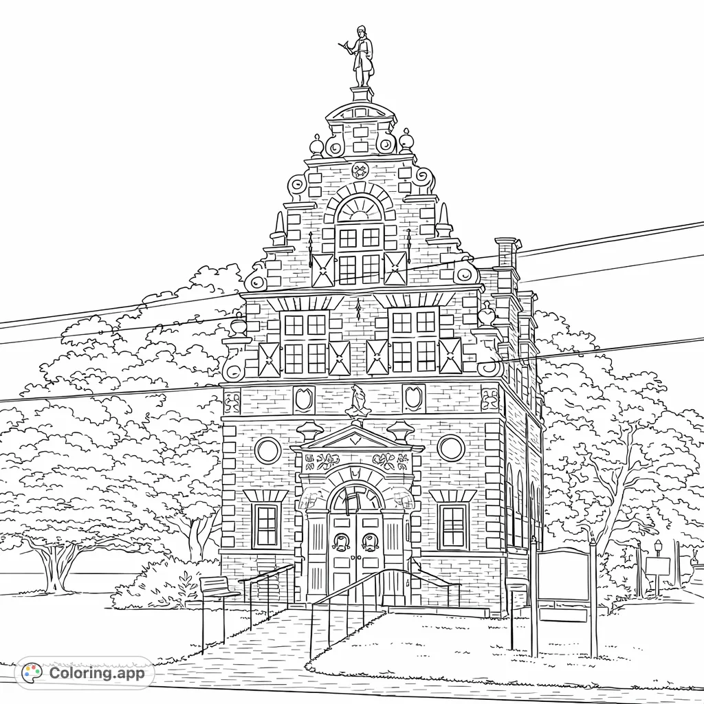 Explore a detailed historic building with a unique stepped gable, intricate brickwork, and ornate architectural features. A challenging architectural coloring page.
