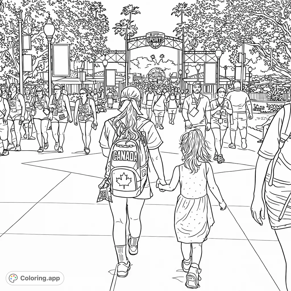 Join two companions on their journey through a lively sports park entrance, featuring a unique maple leaf backpack and patterned dress amidst a bustling crowd.