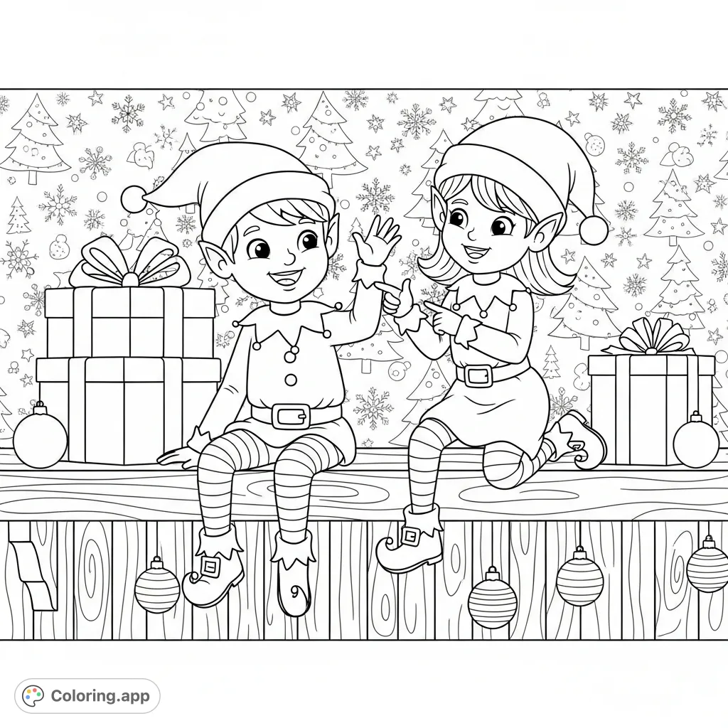 Discover a charming Elves on the Shelf coloring page featuring a boy and girl elf in playful poses on a decorated shelf, perfect for holiday fun!