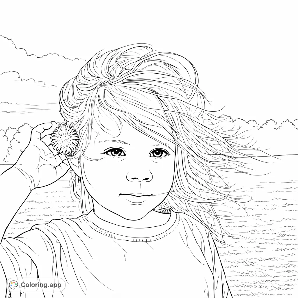 Capture the serene moment of a child with windswept hair holding a flower in a vast field. A charming, free printable coloring page for all ages.
