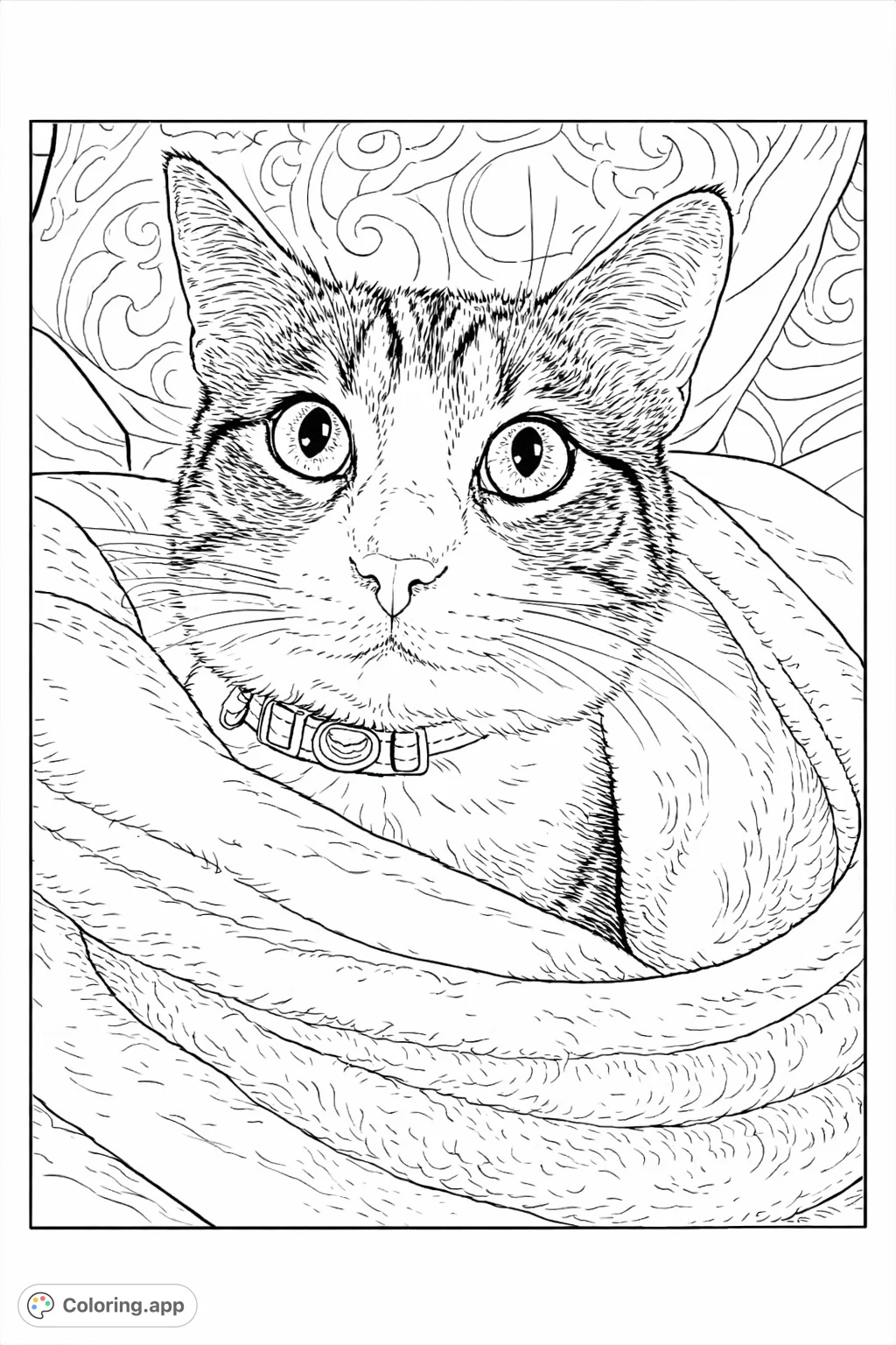 Snuggle up with this adorable feline coloring page! A charming cat peeking out from a soft, warm blanket, ready for your creative touch. Perfect for relaxation and fun.