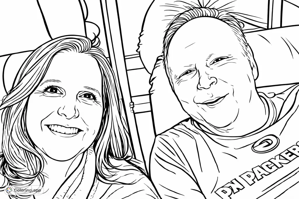Capture a moment of happiness with this portrait coloring page featuring two smiling individuals. Perfect for personalizing expressions and attire.