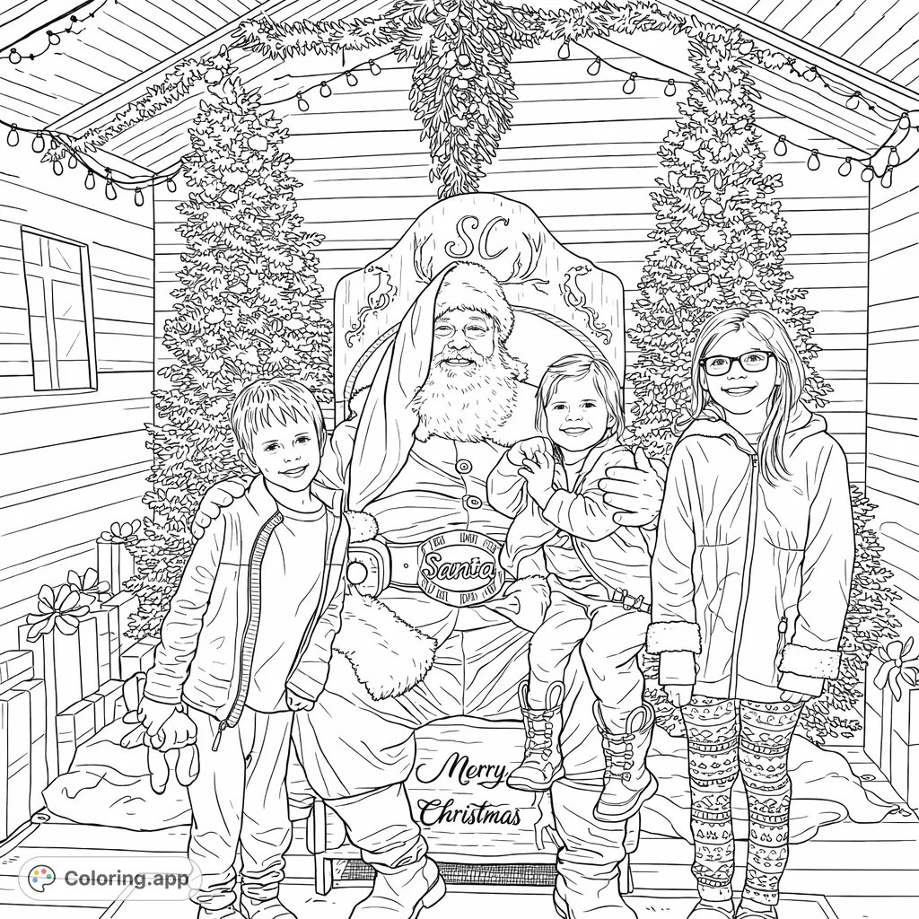 A heartwarming scene featuring Santa Claus with three joyful children, surrounded by festive trees and holiday decorations, perfect for a cozy Christmas coloring session.