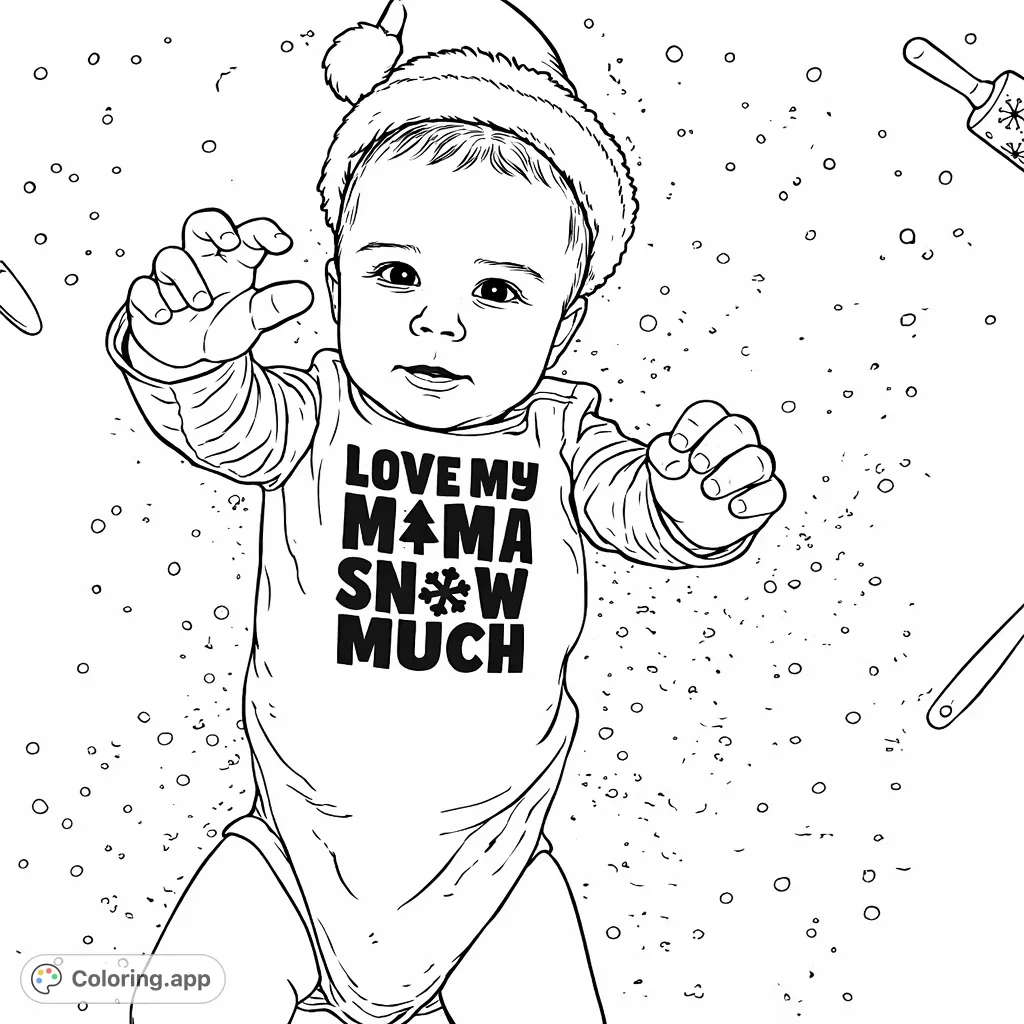 A delightful baby in a festive hat and themed bodysuit plays amidst a powdery scene, ready for holiday coloring fun. Features text, a rolling pin, and a utensil.