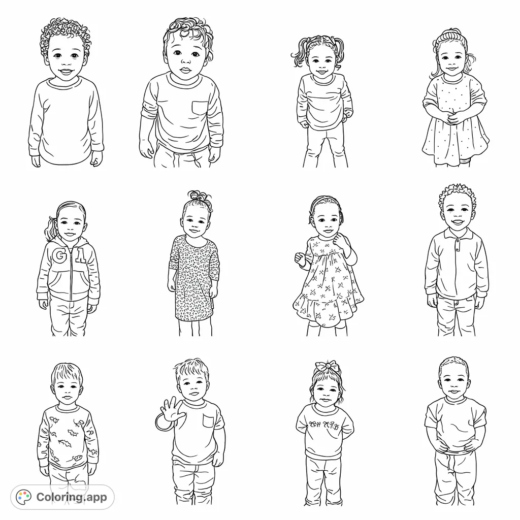 A delightful collection of twelve unique toddlers, each with their own cheerful expression and distinct outfit, perfect for a fun and engaging coloring activity.