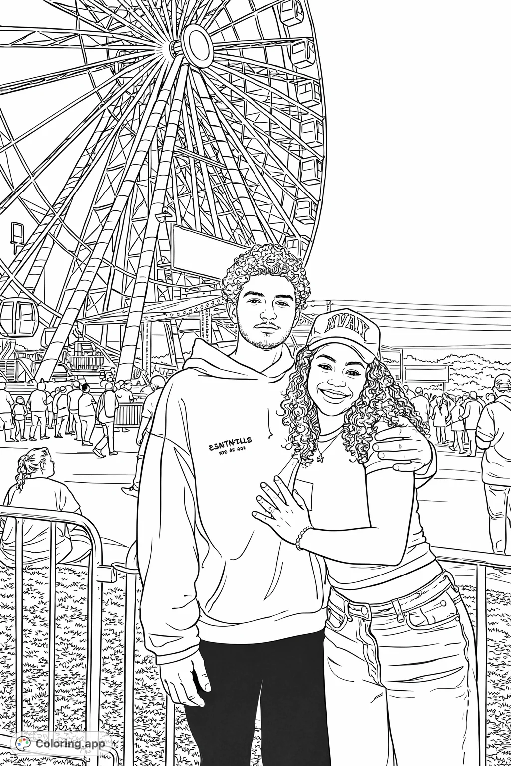 Color a joyous fairground scene featuring a couple in front of a magnificent Ferris wheel and bustling carnival atmosphere. A perfect amusement park coloring page.