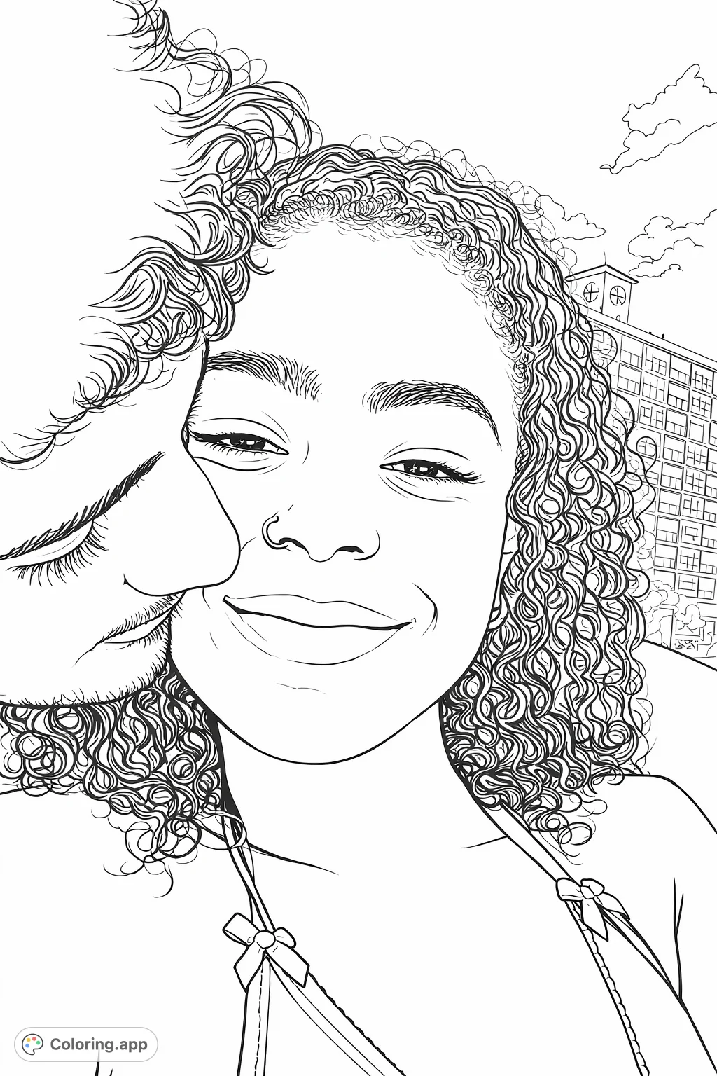 Capture a tender, close-up moment between a smiling couple with curly hair against a subtle background of a building and sky. Express affection.