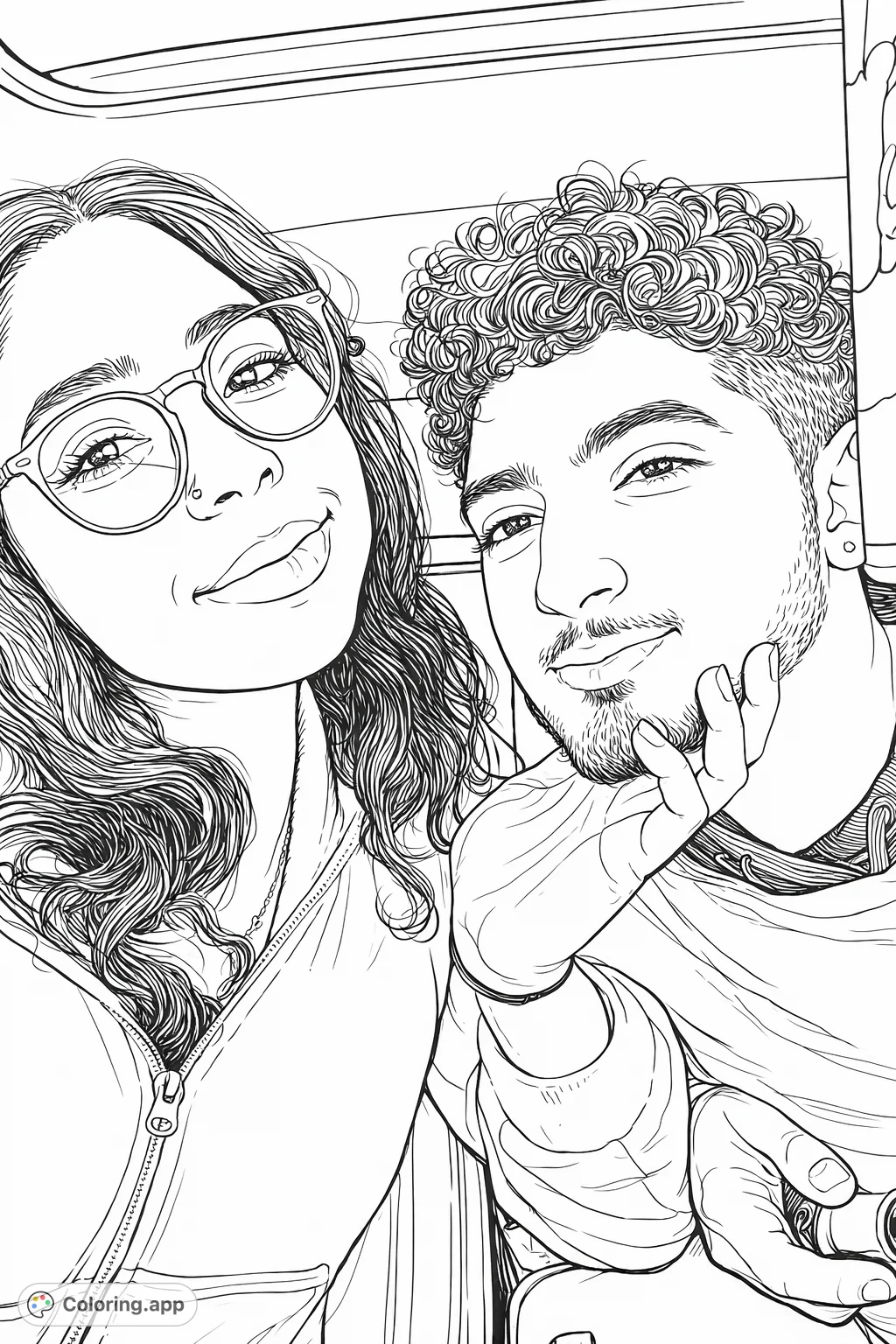A heartwarming portrait of a couple, capturing a moment of connection. Features expressive faces, detailed hair textures, and personal accessories for a delightful coloring experience.