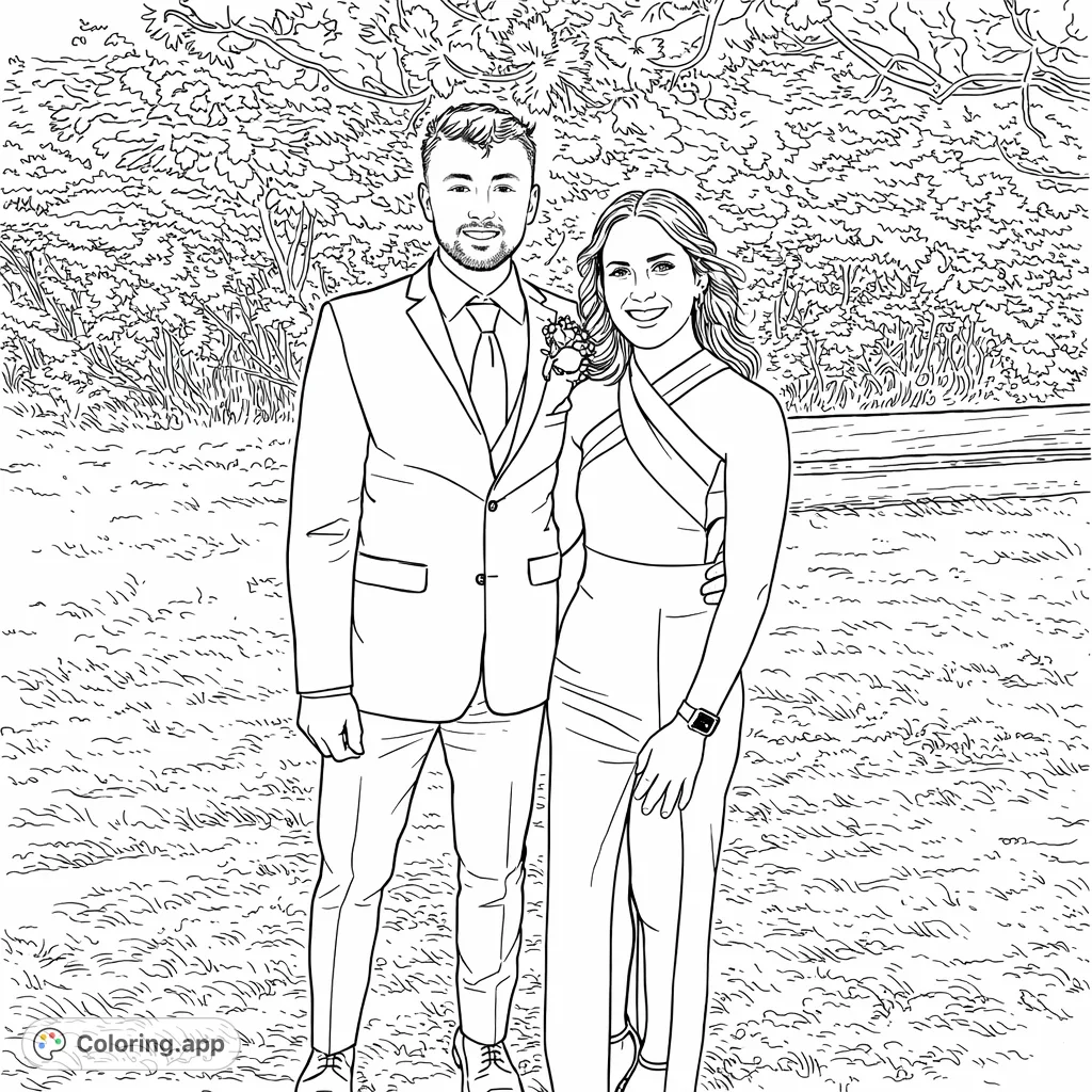 An elegant couple dressed in formal attire stands smiling outdoors, ready for a special occasion. Perfect for celebrating love and special moments.