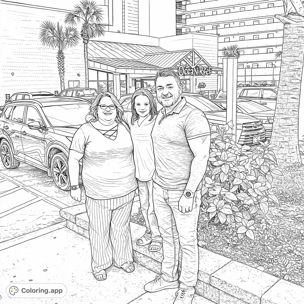 A smiling family of three poses in front of a grand resort hotel, surrounded by palm trees and vehicles. A detailed vacation scene awaits your creative touch.