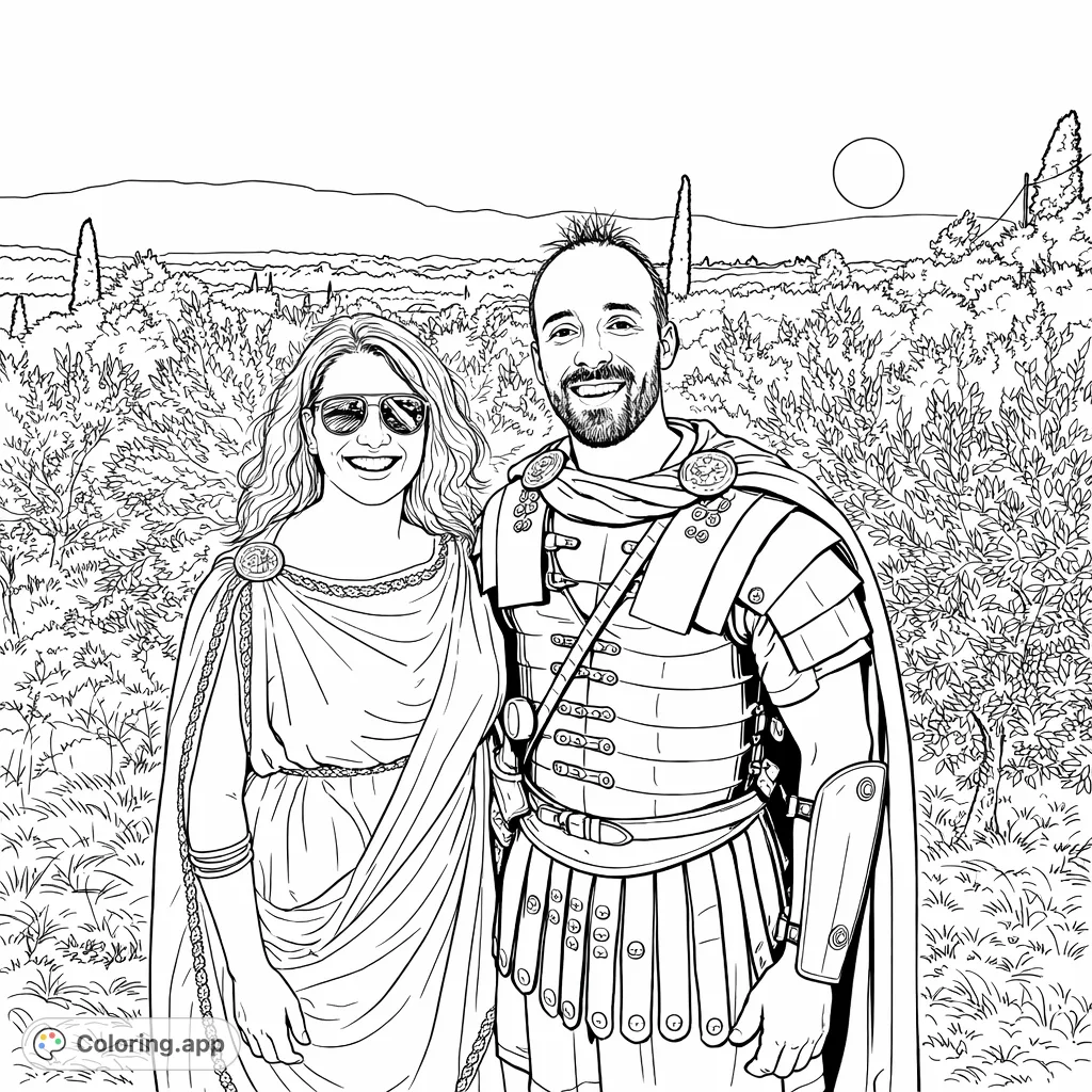 Color a distinguished Roman couple in detailed historical costumes against a picturesque sunset landscape. Perfect for history lovers and creative expression.